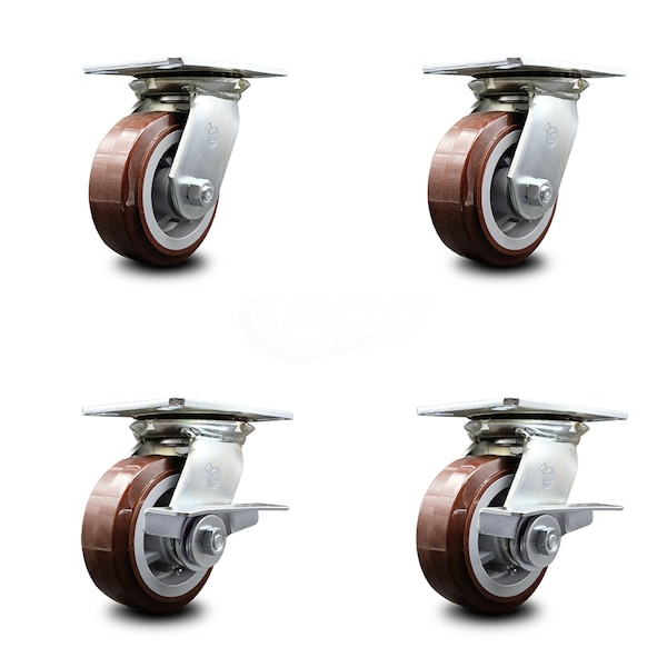 Service Caster 5 Inch Polyurethane Swivel Caster Set with Roller Bearings 2 Brakes SCC SCC-35S520-PPUR-2-SLB-2 - main